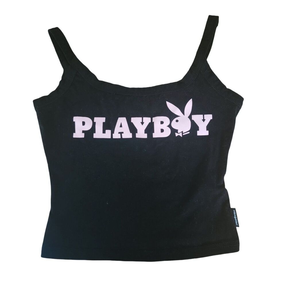 Playboy x Missguided Black Rhinestone Logo Crop Tank Top Y2K
